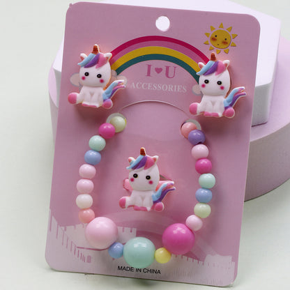 Cute Unicorn Crown Resin Beaded Rings Earrings Necklace 1 Set