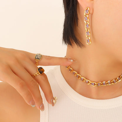 Retro Geometric Titanium Steel Zircon Bracelets Earrings Necklace