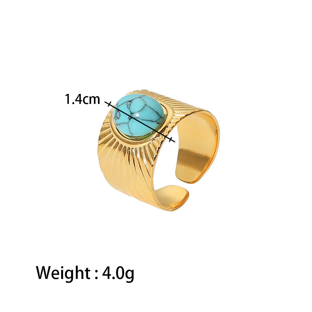 Fashion Stripe Stainless Steel Plating Turquoise Gold Plated Open Ring