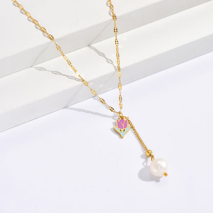 Fashion Flower Stainless Steel Pendant Necklace Flowers Artificial Pearl Stainless Steel Necklaces