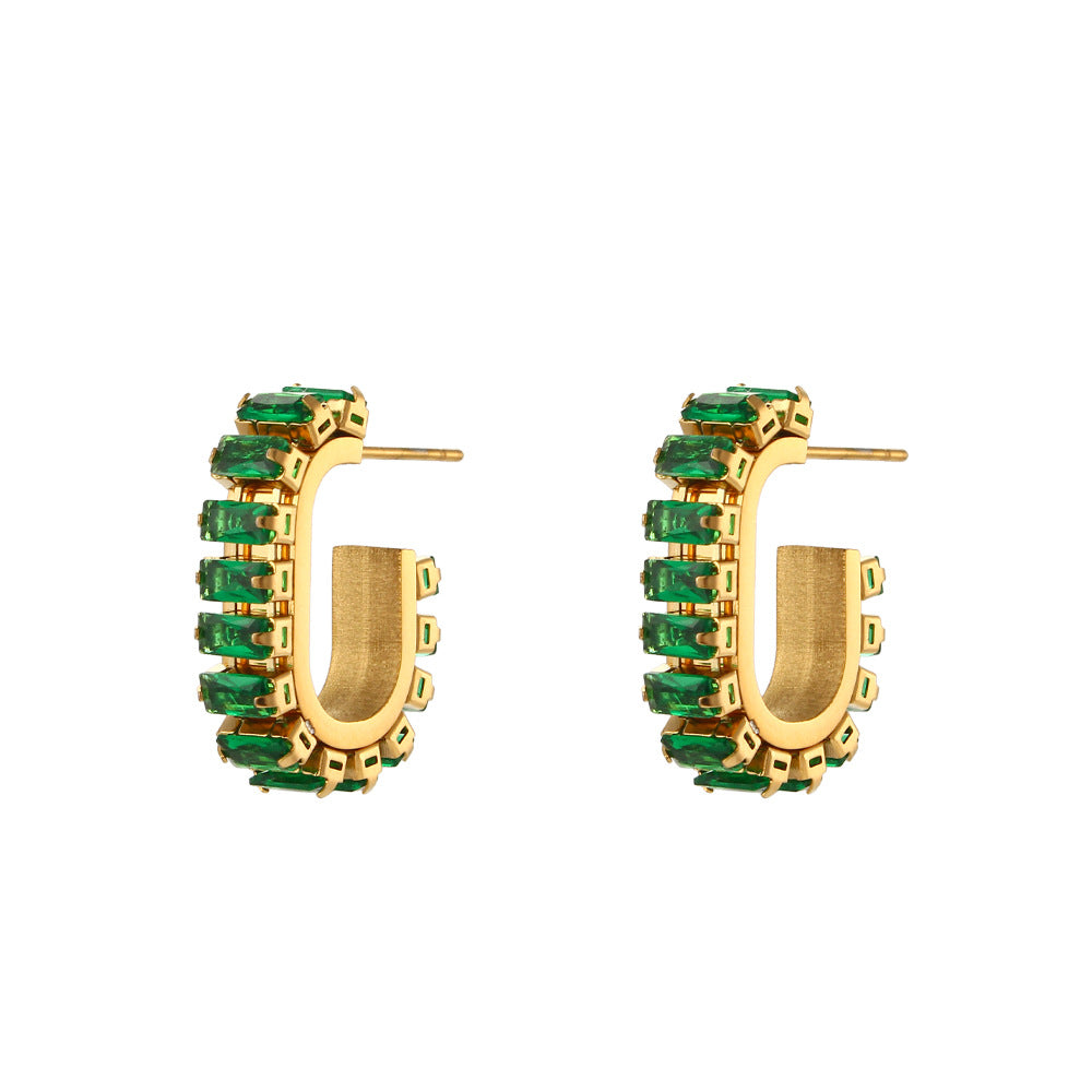 Fashion C Shape Plating Stainless Steel Zircon Gold Plated Earrings