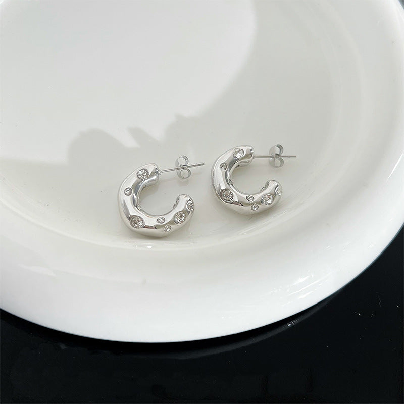 Luxurious Letter Stainless Steel Ear Studs Rhinestone Stainless Steel Earrings