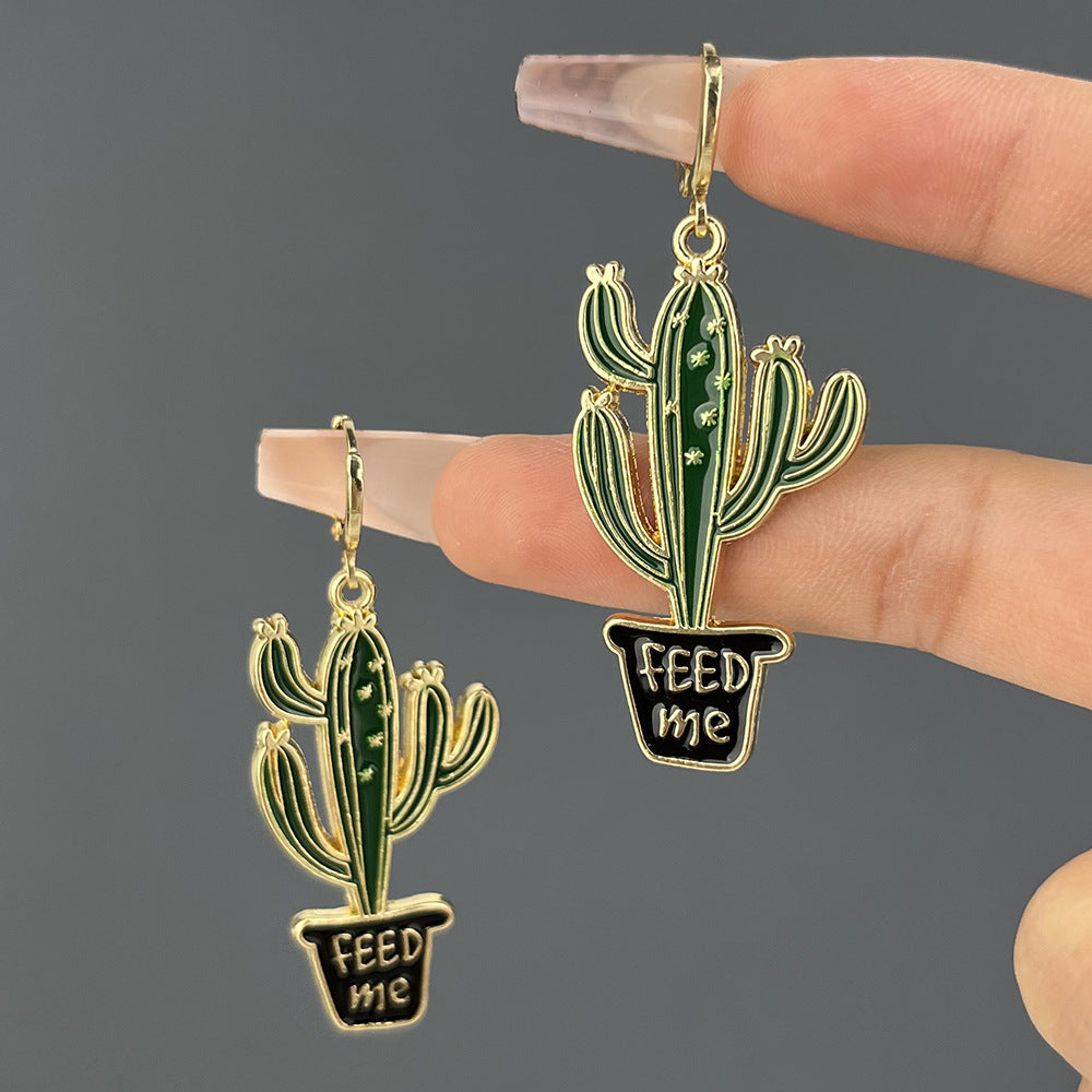 Retro Cactus Leaf Flower Enamel Alloy Earrings