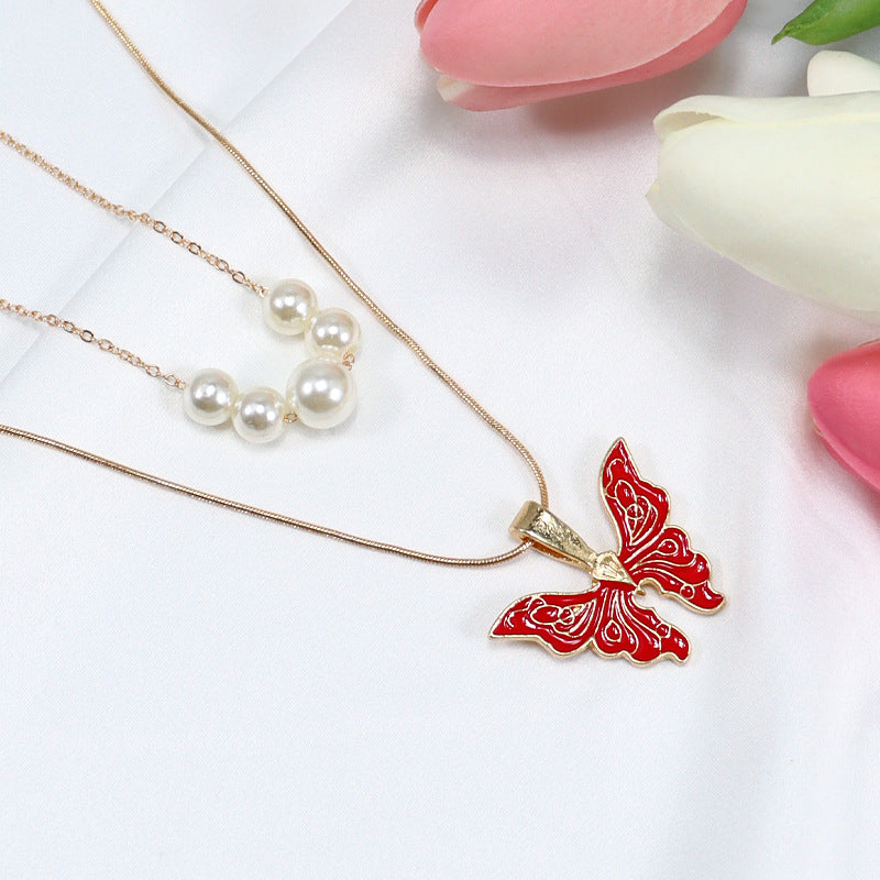 Fashion Butterfly Alloy Plating Artificial Pearls Necklace