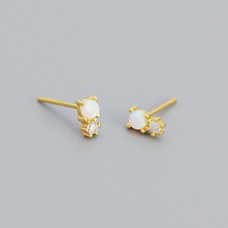 Simple Style Geometric Sterling Silver Ear Studs Plating Metal Rhinestone Opal 925 Silver Earrings