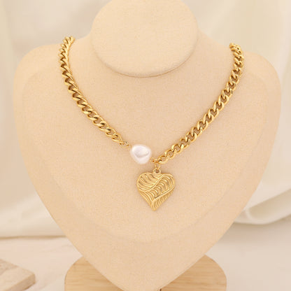 Fashion Heart Shape Stainless Steel Layered Necklaces Gold Plated Pearl Stainless Steel Necklaces 1 Piece