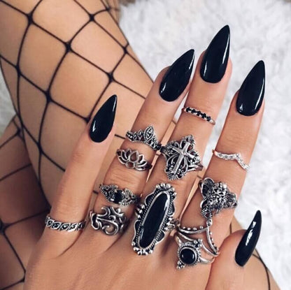 Fashion Vintage Carved Sun Feather Cross Black Gem Ring 11 Piece Set Set