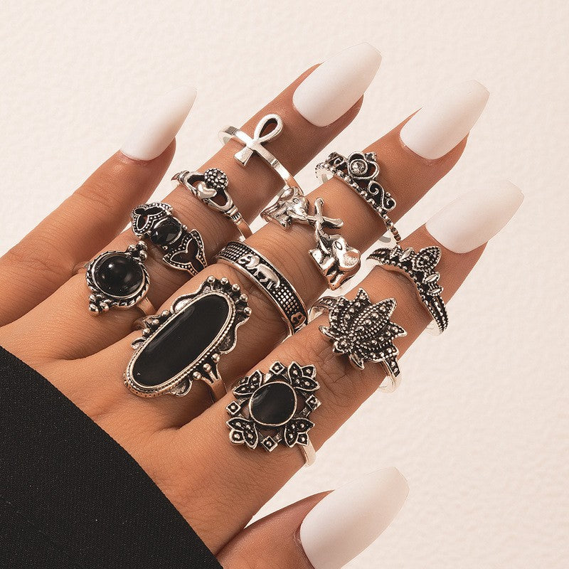 Fashion Vintage Carved Sun Feather Cross Black Gem Ring 11 Piece Set Set