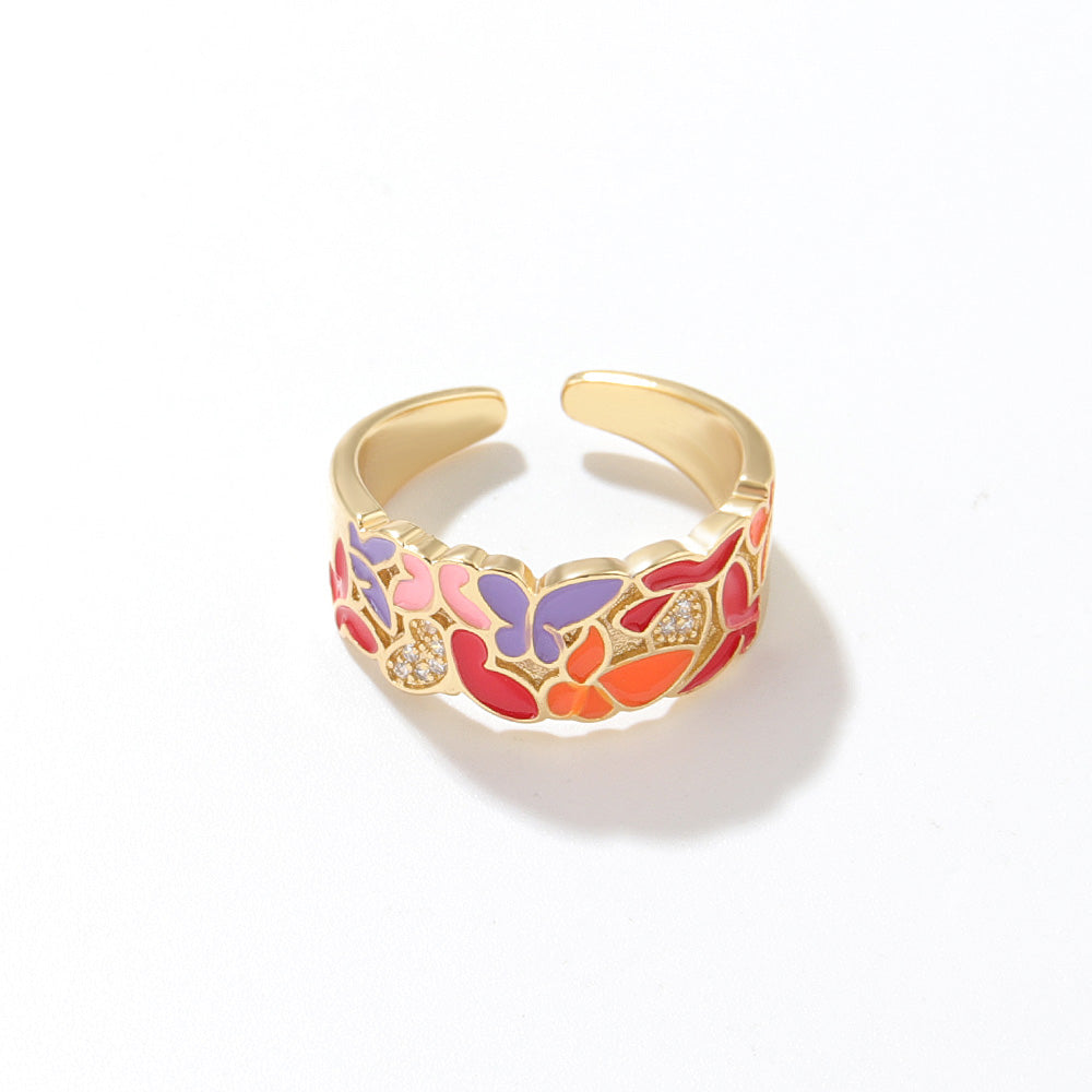 Vintage Style Plaid Flower Copper Open Ring Enamel Plating Copper Rings