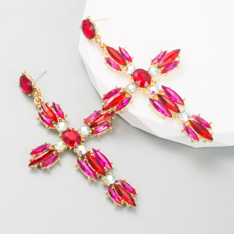 Fashion Cross Alloy Inlay Rhinestone Drop Earrings