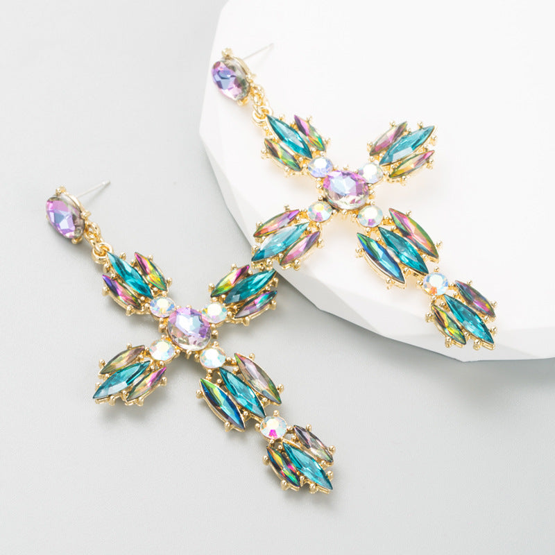 Fashion Cross Alloy Inlay Rhinestone Drop Earrings