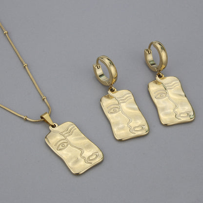 Fashion Human Face Stainless Steel Gold Plated Earrings Necklace