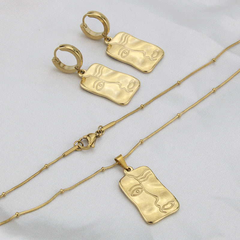 Fashion Human Face Stainless Steel Gold Plated Earrings Necklace