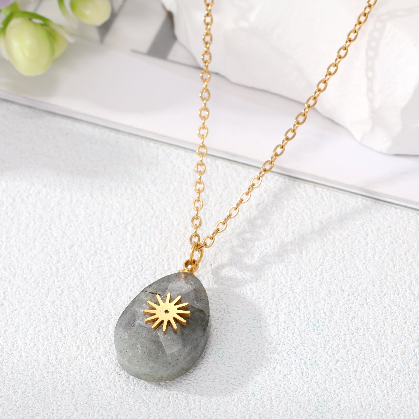 Simple Style Cross Water Droplets Lightning Stainless Steel Pendant Necklace Plating Natural Stone Stainless Steel Necklaces 1 Piece