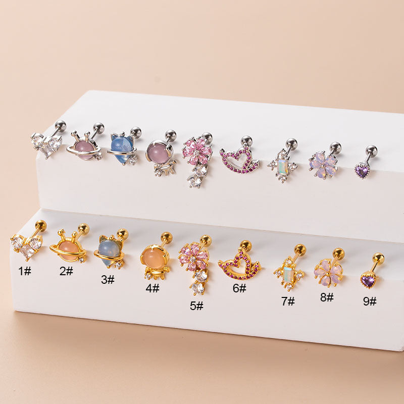 Fashion Heart Shape Flower Stainless Steel Plating Zircon Ear Studs 1 Piece