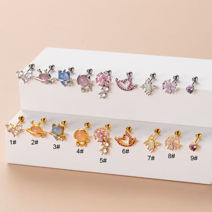 Fashion Heart Shape Flower Stainless Steel Plating Zircon Ear Studs 1 Piece