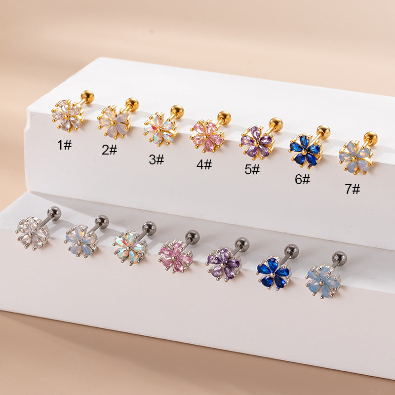 Sweet Flower Stainless Steel Plating Zircon Ear Studs 1 Piece