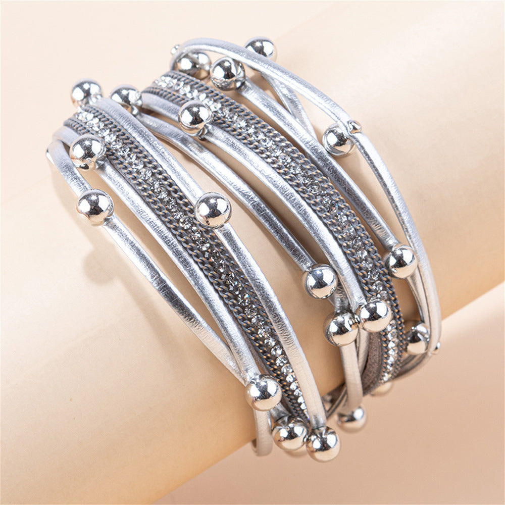 Fashion Irregular Pu Leather Layered Rhinestones Bracelets