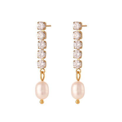 Elegant Square Inlay Stainless Steel Artificial Pearls Zircon Gold Plated Earrings