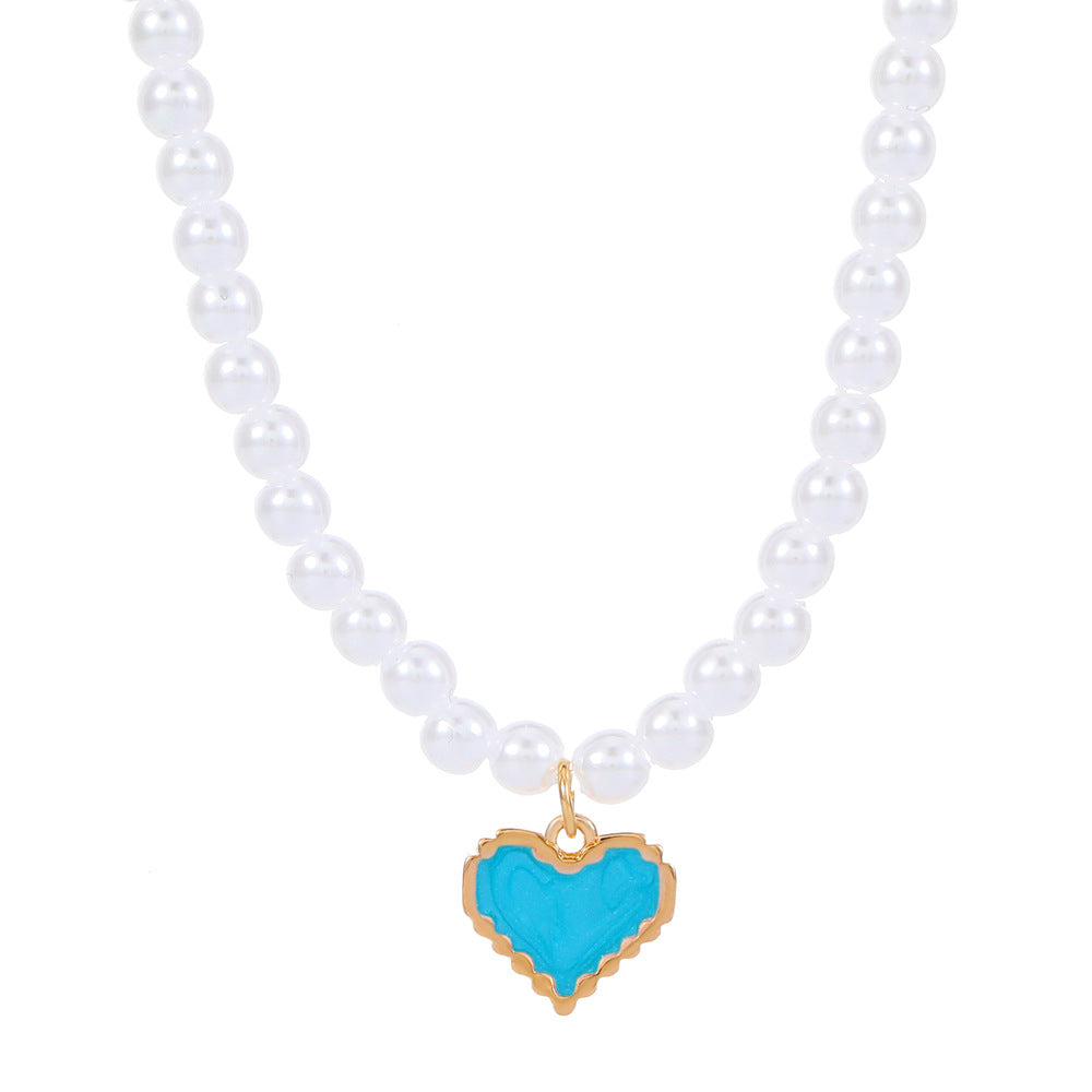 Fashion Heart Shape Imitation Pearl Enamel Pendant Necklace