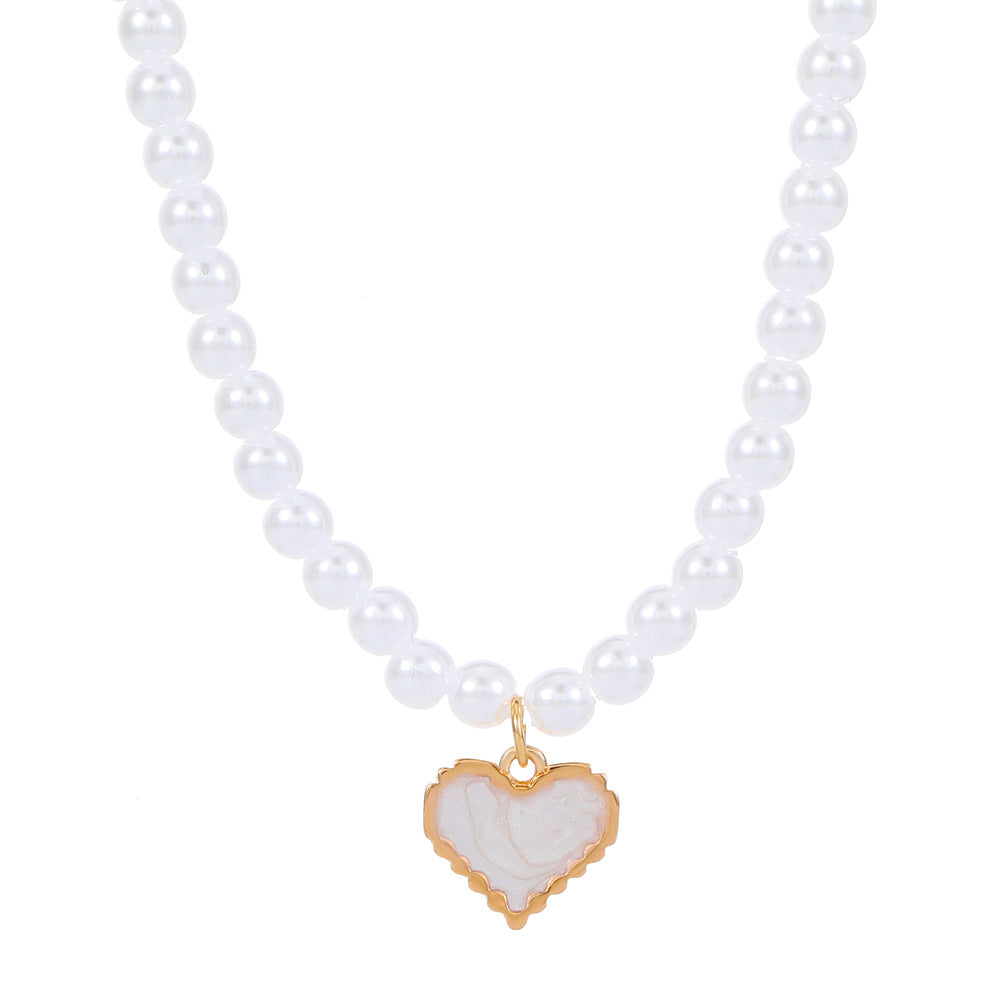 Fashion Heart Shape Imitation Pearl Enamel Pendant Necklace