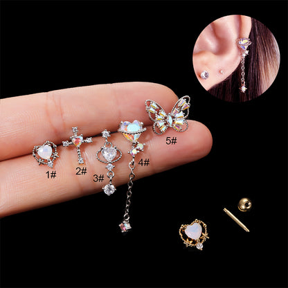 Fashion Heart Shape Butterfly Stainless Steel Inlay Zircon Ear Studs 1 Piece