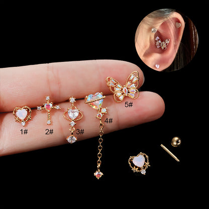 Fashion Heart Shape Butterfly Stainless Steel Inlay Zircon Ear Studs 1 Piece