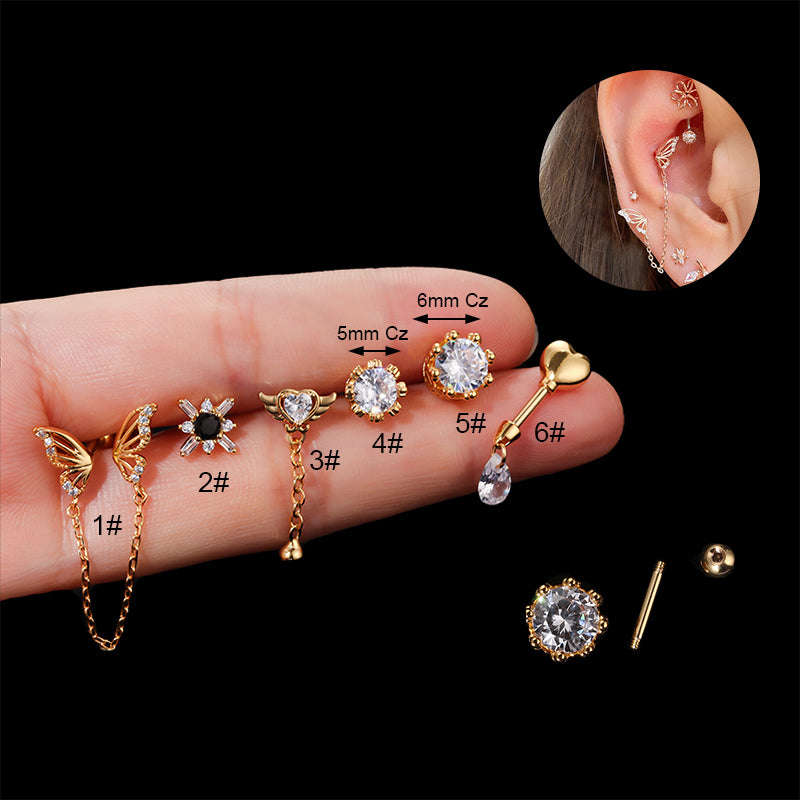 Fashion Heart Shape Butterfly Stainless Steel Ear Studs Inlay Zircon Stainless Steel Earrings 1 Piece