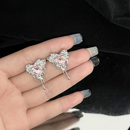 Sweet Heart Shape Alloy Heart Glass Ear Studs