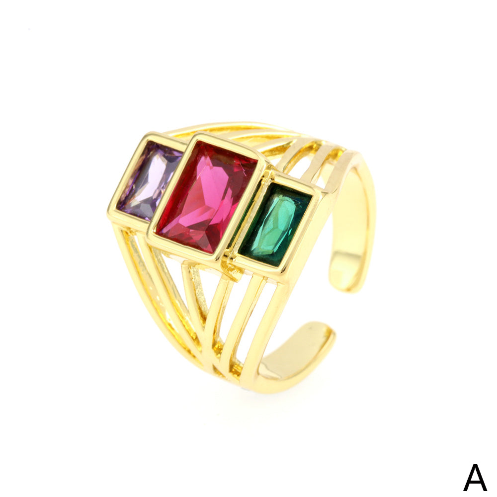 Elegant Shiny Square Copper Plating Inlay Zircon 18k Gold Plated Open Rings