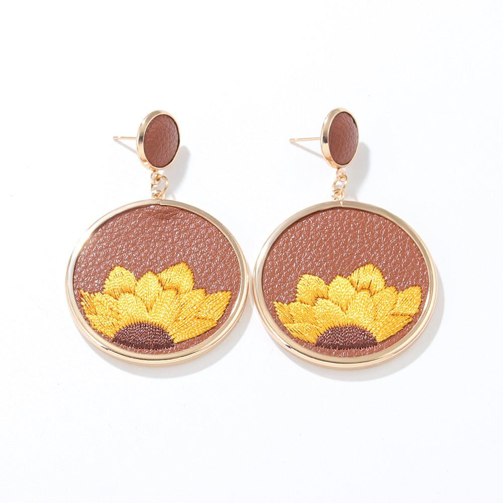 Ethnic Style Sunflower Round Iron Embroidery Drop Earrings