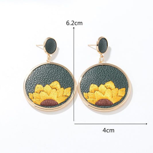 Ethnic Style Sunflower Round Iron Embroidery Drop Earrings