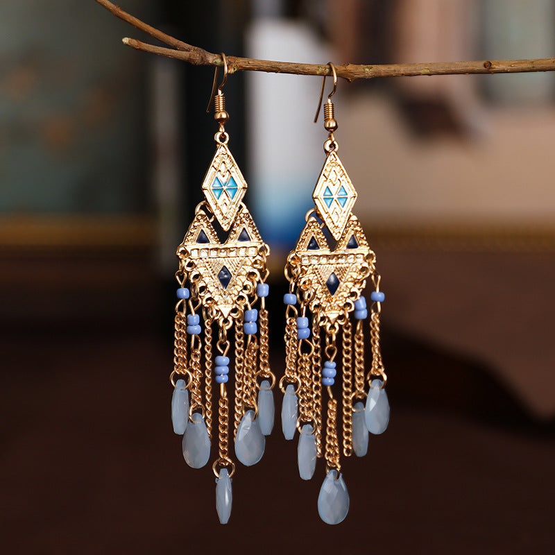 Creative New Rhombus Stitching Long Rice Bead Drop Earrings Wholesale