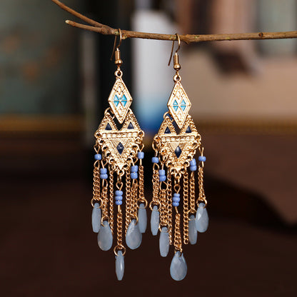 Creative New Rhombus Stitching Long Rice Bead Drop Earrings Wholesale