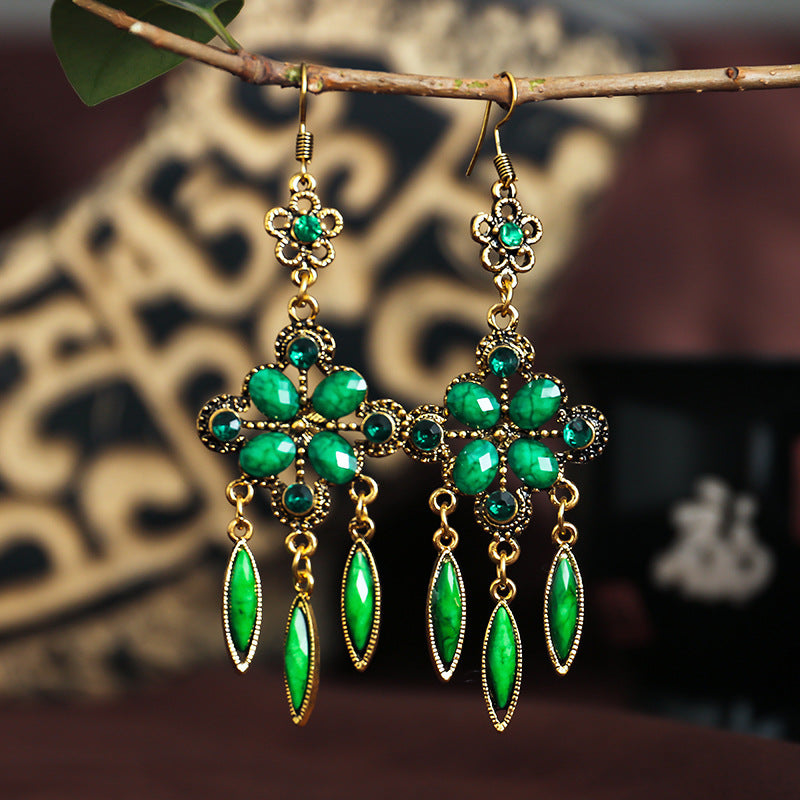 New Retro Ethnic Style Diamond Hollow Long Tassel Alloy Earrings Wholesale