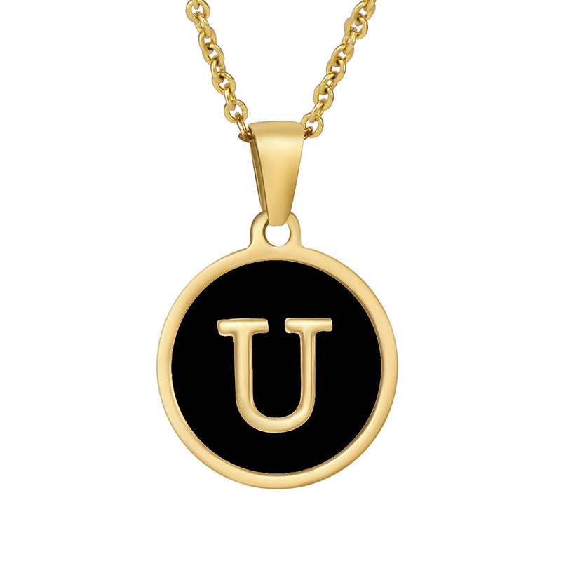 Fashion Round Letter Stainless Steel Gold Plated Shell Pendant Necklace