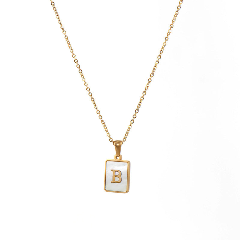 Vintage Style Letter Square Stainless Steel Plating Inlay Shell 18k Gold Plated Pendant Necklace