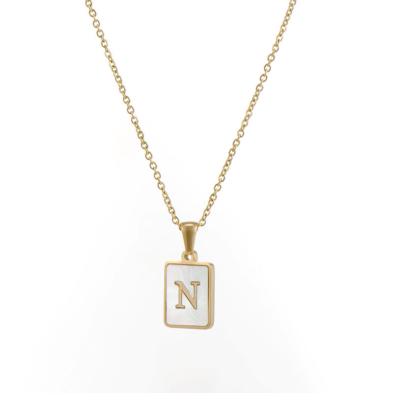 Vintage Style Letter Square Stainless Steel Plating Inlay Shell 18k Gold Plated Pendant Necklace