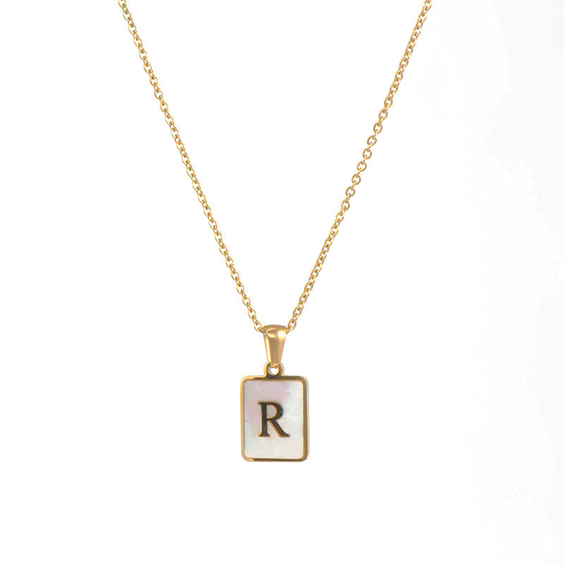 Vintage Style Letter Square Stainless Steel Plating Inlay Shell 18k Gold Plated Pendant Necklace