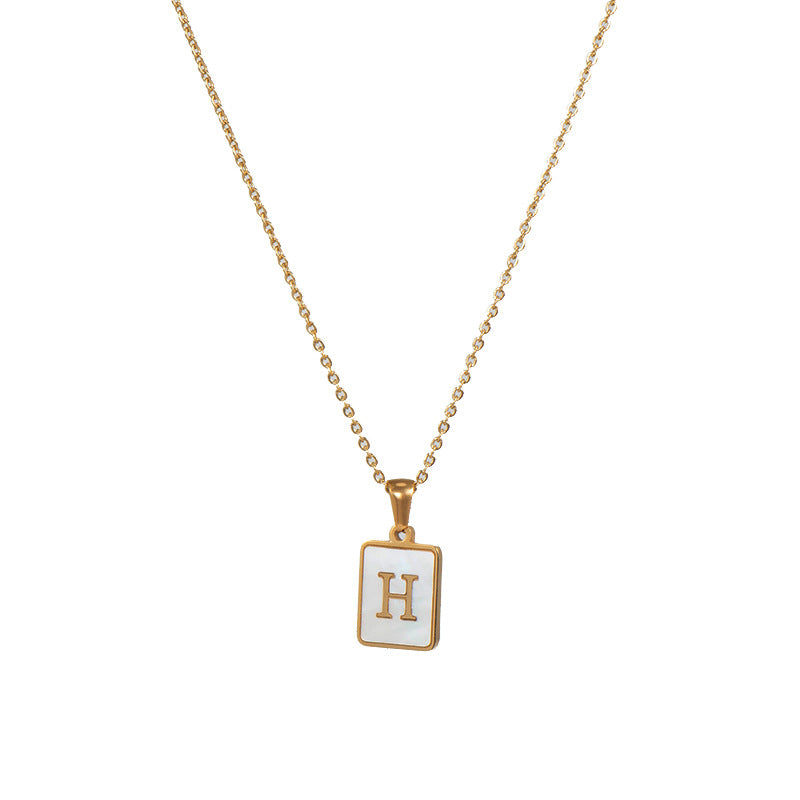 Vintage Style Letter Square Stainless Steel Plating Inlay Shell 18k Gold Plated Pendant Necklace