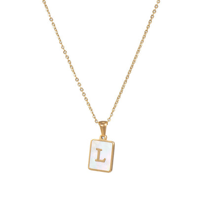 Vintage Style Letter Square Stainless Steel Plating Inlay Shell 18k Gold Plated Pendant Necklace