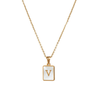 Vintage Style Letter Square Stainless Steel Plating Inlay Shell 18k Gold Plated Pendant Necklace