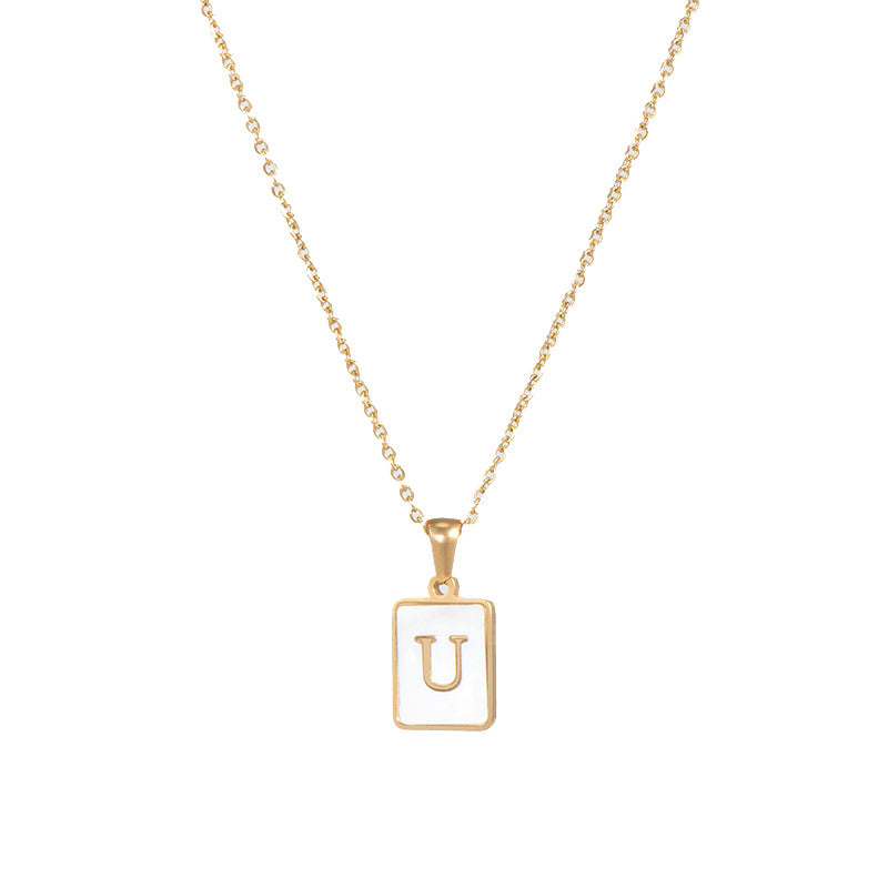 Vintage Style Letter Square Stainless Steel Plating Inlay Shell 18k Gold Plated Pendant Necklace