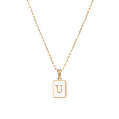 Vintage Style Letter Square Stainless Steel Plating Inlay Shell 18k Gold Plated Pendant Necklace