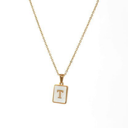 Vintage Style Letter Square Stainless Steel Plating Inlay Shell 18k Gold Plated Pendant Necklace