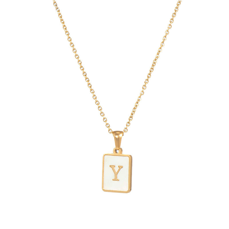 Vintage Style Letter Square Stainless Steel Plating Inlay Shell 18k Gold Plated Pendant Necklace