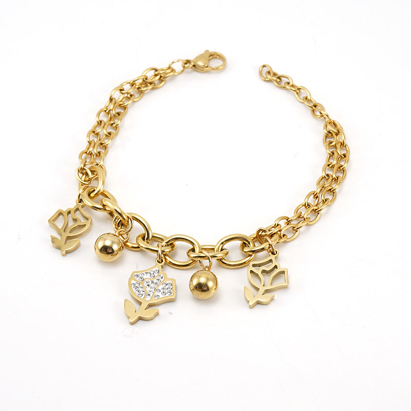 Fashion Rose Stainless Steel Bracelets Rhinestone Plating Stainless Steel Bracelets