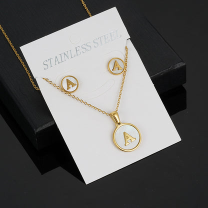 Simple Style Round Letter Stainless Steel Gold Plated Shell Earrings Necklace 3 Piece Set