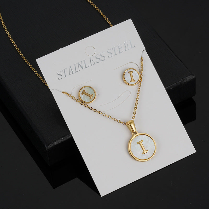 Simple Style Round Letter Stainless Steel Gold Plated Shell Earrings Necklace 3 Piece Set