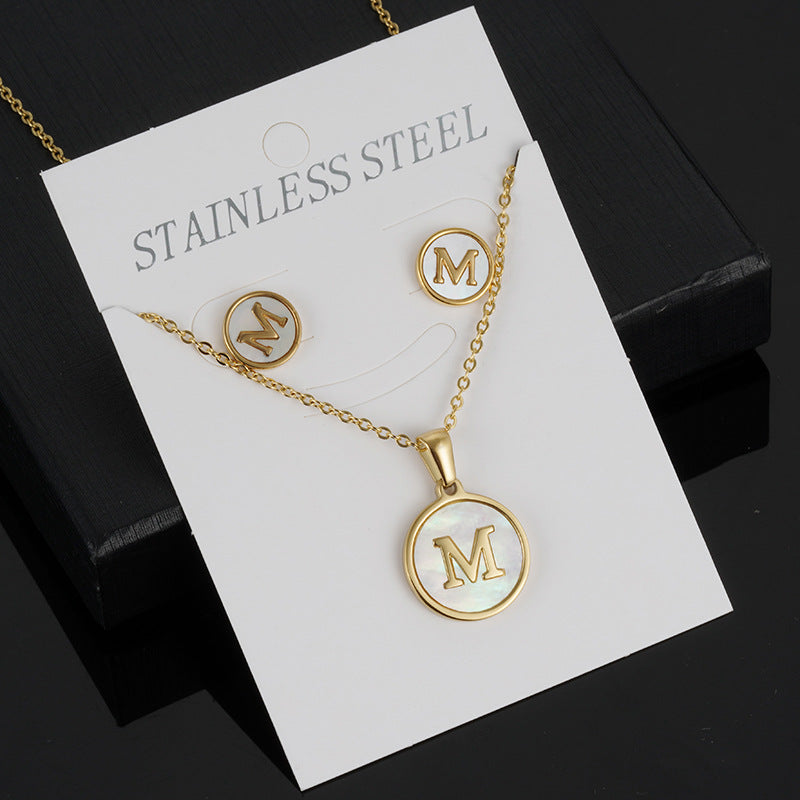 Simple Style Round Letter Stainless Steel Gold Plated Shell Earrings Necklace 3 Piece Set